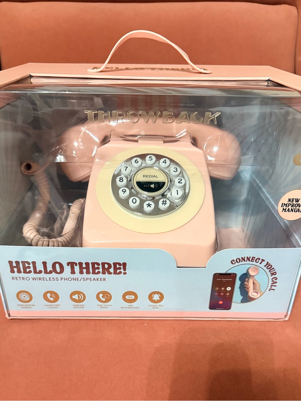 NEW IN BOX Throwback Hello There Retro Wireless Rotary Phone Speaker - Rose Pink